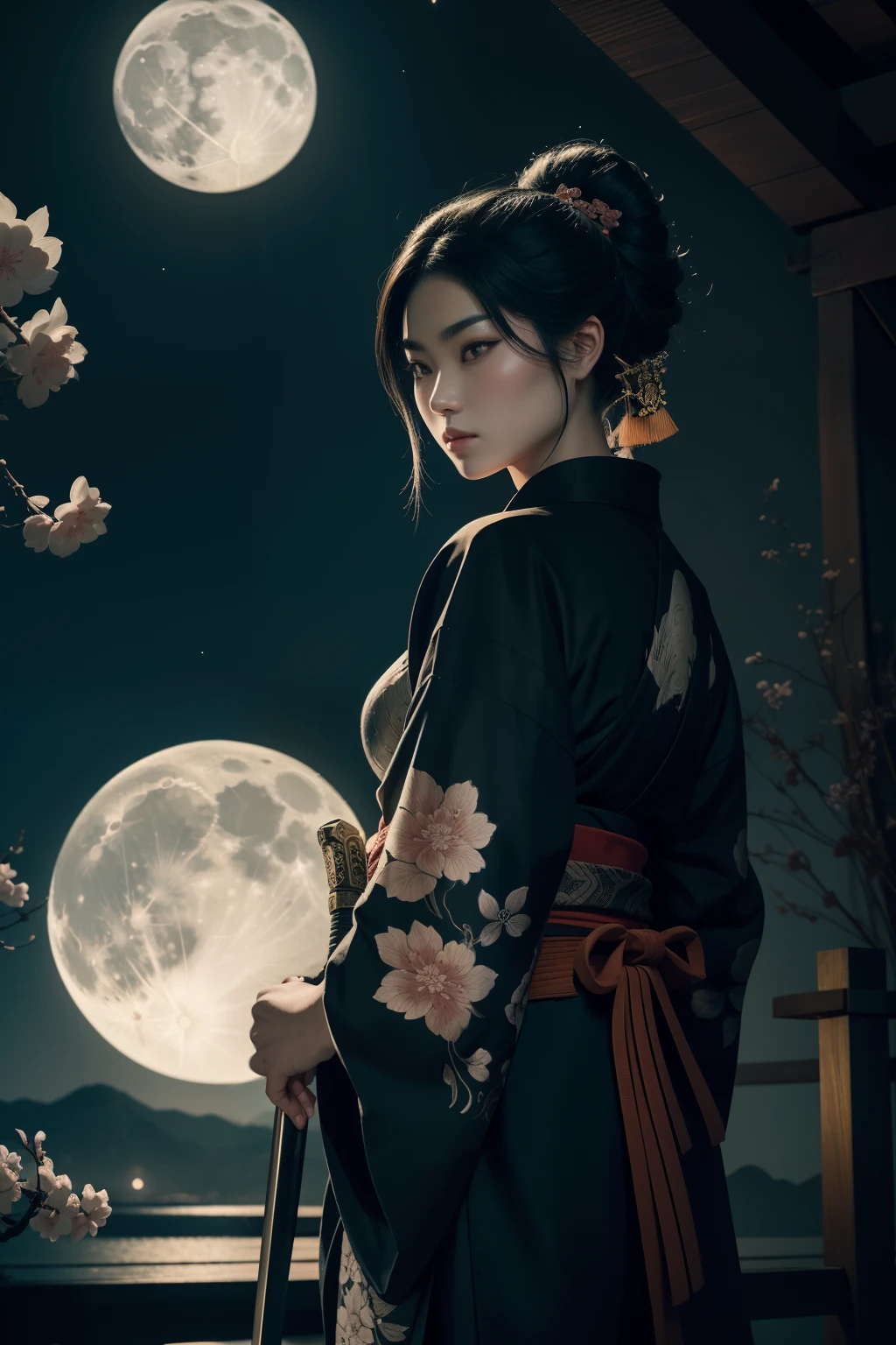 Um assassino samurai em pé em um jardim iluminado pela lua, Empunhando habilmente uma katana com precisão mortal. Os olhos do assassino brilham com determinação e foco, enquanto seus lábios são colocados em uma determinada linha. O rosto do samurai é intrinsecamente detalhado, capturando cada contorno e expressão. Ela usa um quimono aberto tradicional, adornado com intrincados padrões e símbolos de seu clã.

A obra de arte é criada em um meio que lembra as pinturas japonesas em estilo inkwash.., com pinceladas ousadas e uma paleta de cores monocromática. A técnica magistral do artista traz à tona a intensidade e o poder da presença do samurai.

O jardim ao redor do samurai é meticulosamente projetado, com vegetação exuberante e delicadas flores de cerejeira. Uma lua cheia brilha intensamente no céu noturno, lançando um brilho suave na cena e iluminando o caminho do assassino. A atmosfera está cheia de um ar de mistério e perigo, aumentando a tensão do momento.

A imagem é da mais alta qualidade, com todos os detalhes capturados perfeitamente em resolução ultra-alta. As texturas do quimono e os padrões intrincados são renderizados com extrema precisão. A iluminação é cuidadosamente elaborada para realçar o efeito dramático, com sombras profundas e destaques sutis.

Geral, A obra de arte exala uma sensação de elegância e poder, combinando a estética tradicional japonesa com um toque de modernidade. A paleta de cores monocromática, combinado com os detalhes requintados, cria uma experiência cativante e envolvente para o espectador.