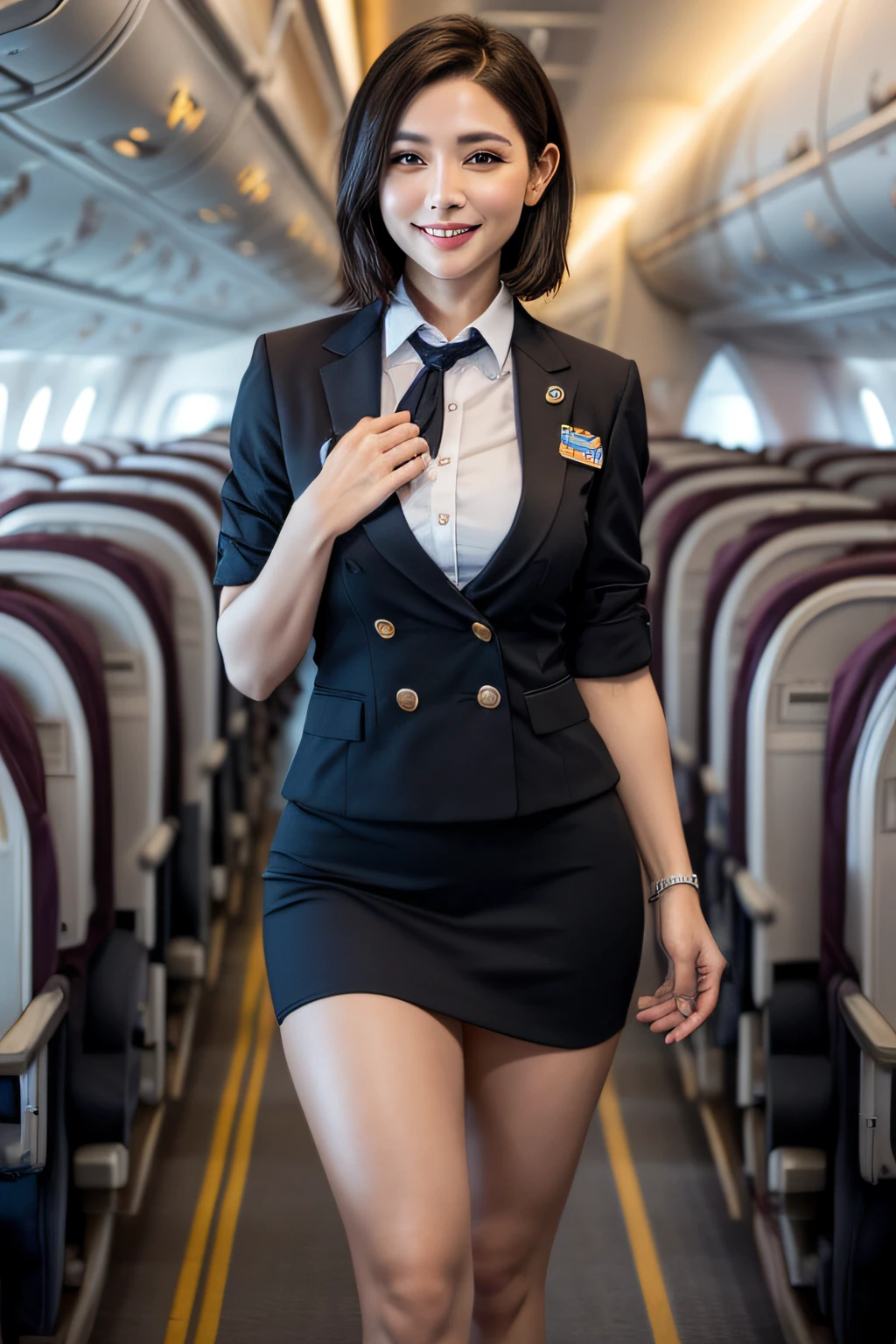 1womanl, 40 years、hyperdetailed face、Detailed lips、A detailed eye、double eyelid、(Black bob hair、Smiling while walking gracefully down the aisle)、(Stewardess uniform:1.2)、(Glamorous body)、(Colossal tits)、thighs thighs thighs thighs, Perfect fit, Perfect image realism, Background with: (Business Class aisle on airplanes:1.2), Cowboy Shot, Meticulous background, detailed costume, Perfect litthing、Hyper-Realism、(Photorealsitic:1.4)、8K maximum resolution, (​masterpiece), ighly detailed, Professional