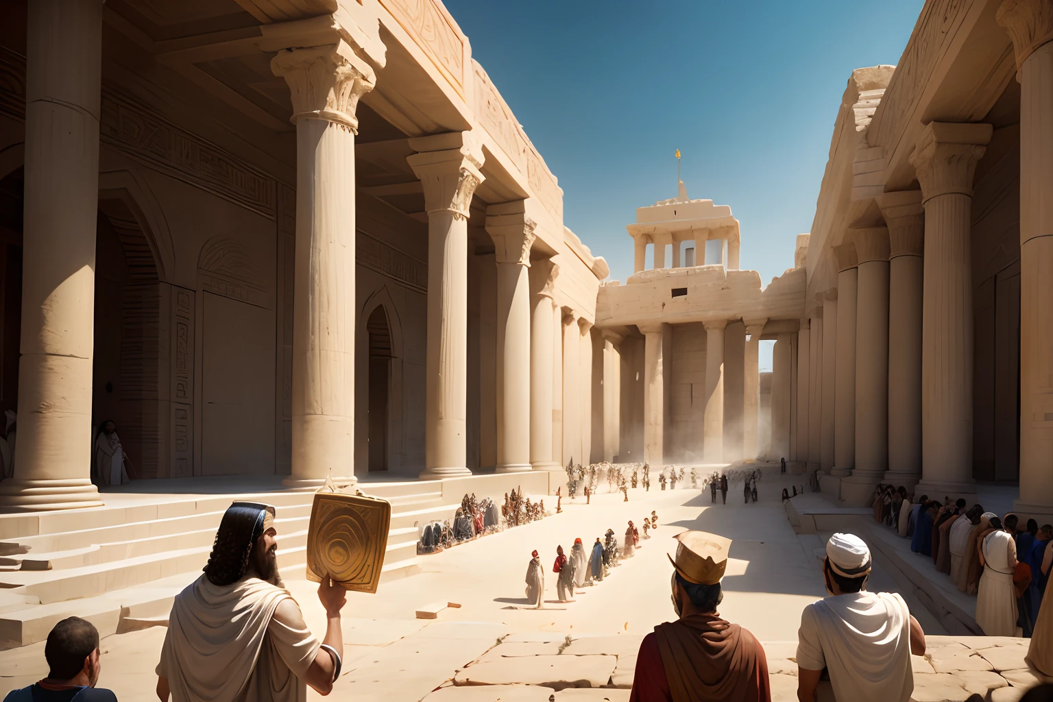 2.500 b.C. painting of a man in a white robe and a group of assyrian people in front of a building, in a major mesopotamian city, cities of mesopotamia, celebrating a king being crowned, ziggurat, trampling an ancient city, sumerian, mesopotamic, ancient mesopotamia, historical artistic depiction, egyptian sumerian features, assyrian