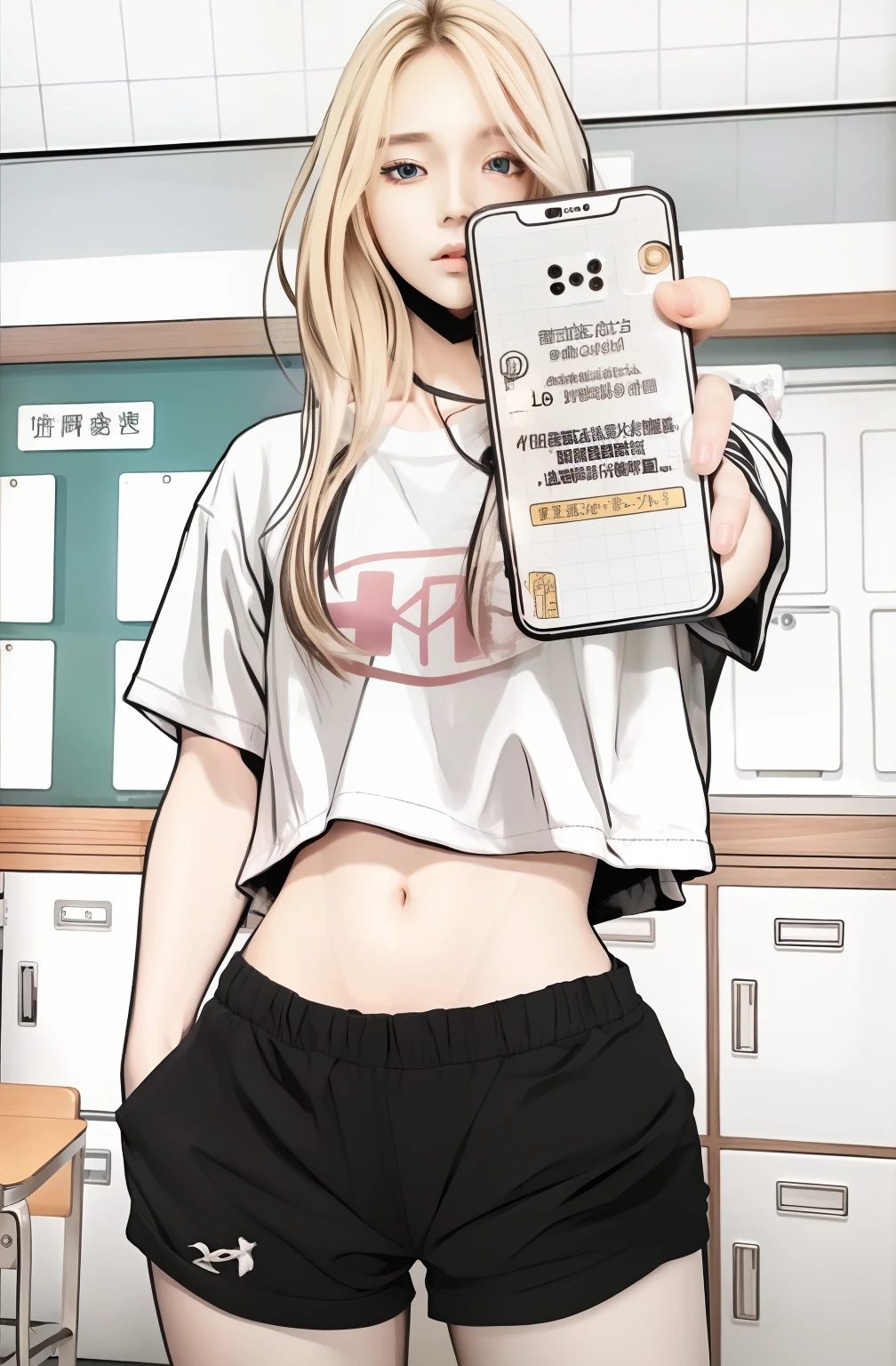 Anime girl holding up a cell phone in a kitchen - SeaArt AI