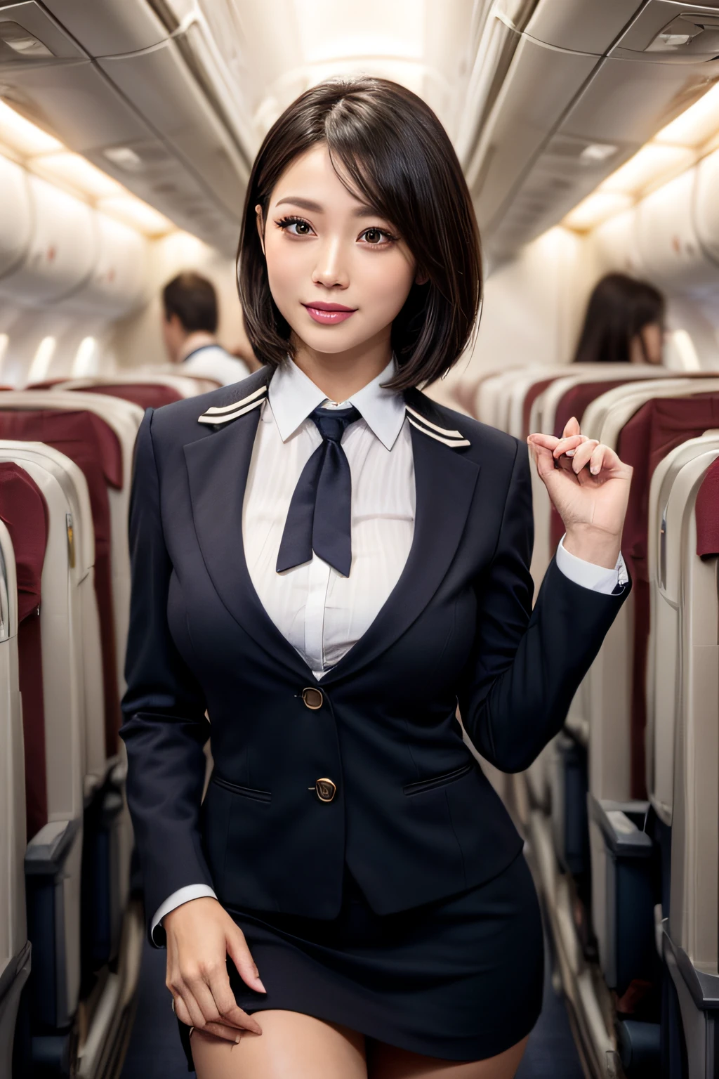 1womanl, 40 years、hyperdetailed face、Detailed lips、A detailed eye、double eyelid、(Black bob hair、Like a stewardess on an airplane々Doing a good job)、(Stewardess uniform:1.2)、(Glamorous body)、(Colossal tits)、smil、thighs thighs thighs thighs, Perfect fit, Perfect image realism, Background with: (Business Class aisle on airplanes:1.2), Cowboy Shot, Meticulous background with, detailed costume, Perfect litthing、Hyper-Realism、(Photorealsitic:1.4)、8K maximum resolution, (​masterpiece), ighly detailed, Professional