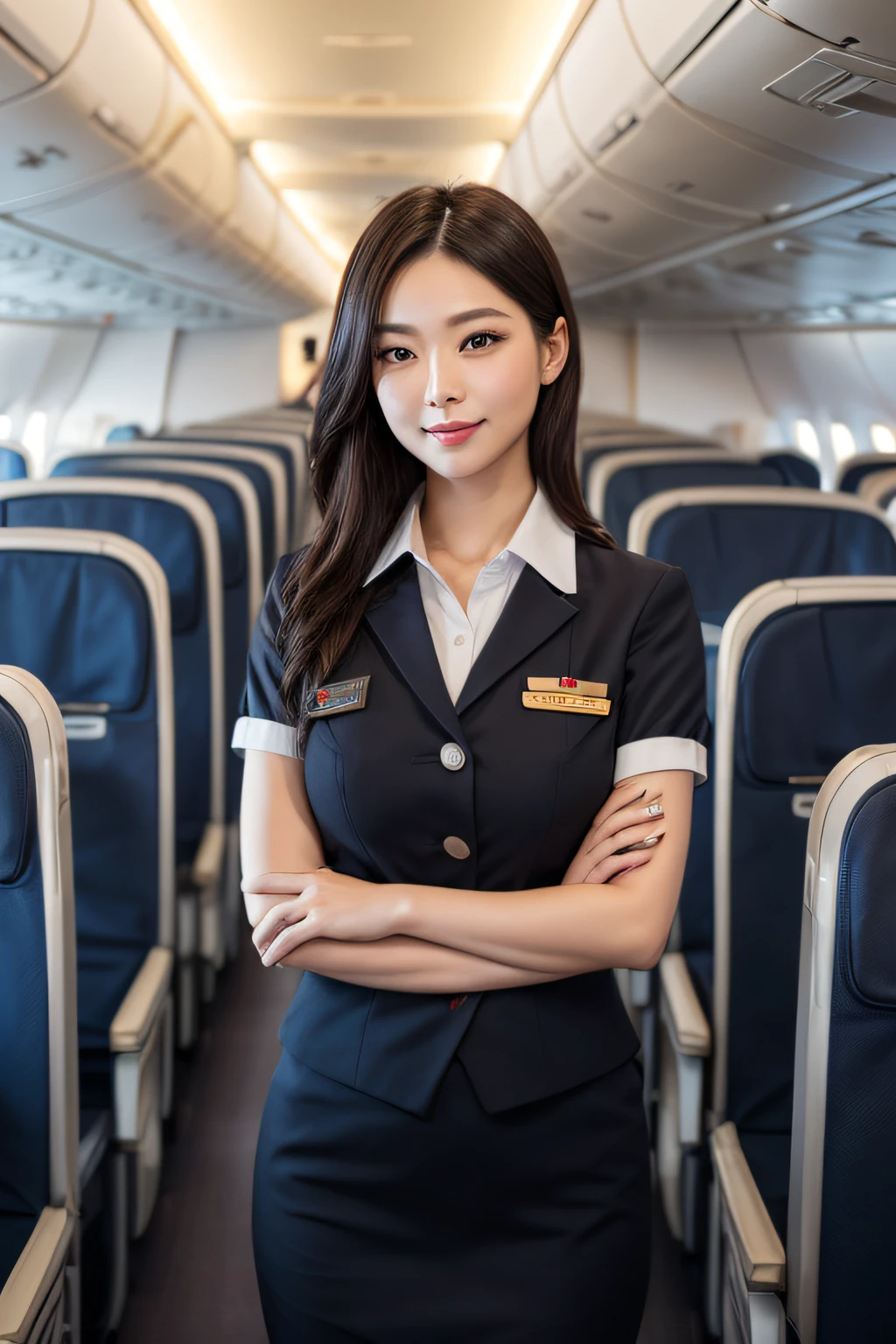 1womanl, 40 years、hyperdetailed face、Detailed lips、A detailed eye、double eyelid、(Black bob hair、Like an airplane stewardess々Do a good job)、(Stewardess uniform:1.2)、(Glamorous body)、(Colossal tits)、smil、thighs thighs thighs thighs, Perfect fit, Perfect image realism, Background with: (Business Class aisle on airplanes:1.2), Cowboy Shot, Meticulous background, detailed costume, Perfect litthing、Hyper-Realism、(Photorealsitic:1.4)、8K maximum resolution, (​masterpiece), ighly detailed, Professional