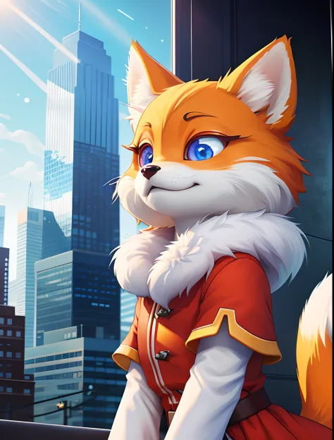 eyes with brightness,Bust photo of the character,Q version，头像框， Character focus，独奏, shaggy, Furry fox, White fur for men, red color eyes，clawed paws，large tail, No hair，Loli style，Little cute， Will sell moe，The city of the future，Above tall buildings，Futur...