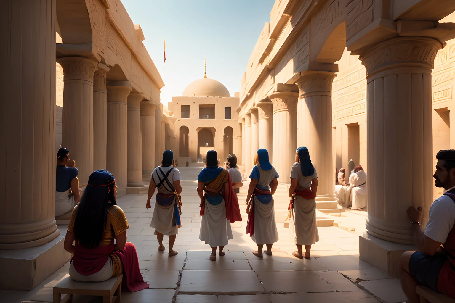 2.500 a.C..C., vista trasera, painting of a group of asirio people talking in front of a building, noche, En una gran ciudad mesopotámica, Ciudades de Mesopotamia, zigurat, pisoteando una ciudad antigua, sumerian, mesopotamic, ancient mesopotamia, representación artística histórica, Rasgos sumerios egipcios, asirio