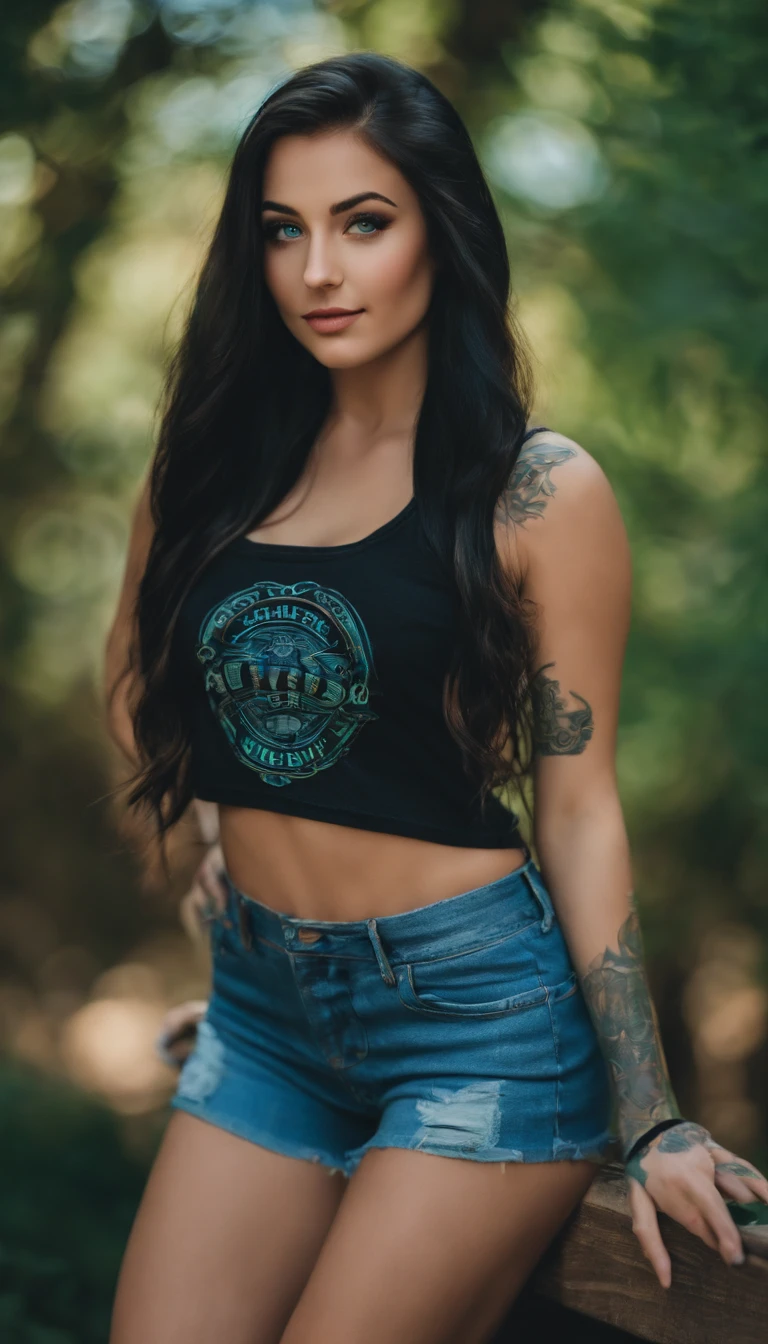 A woman with long black hair and tattoos posing for a picture - SeaArt AI