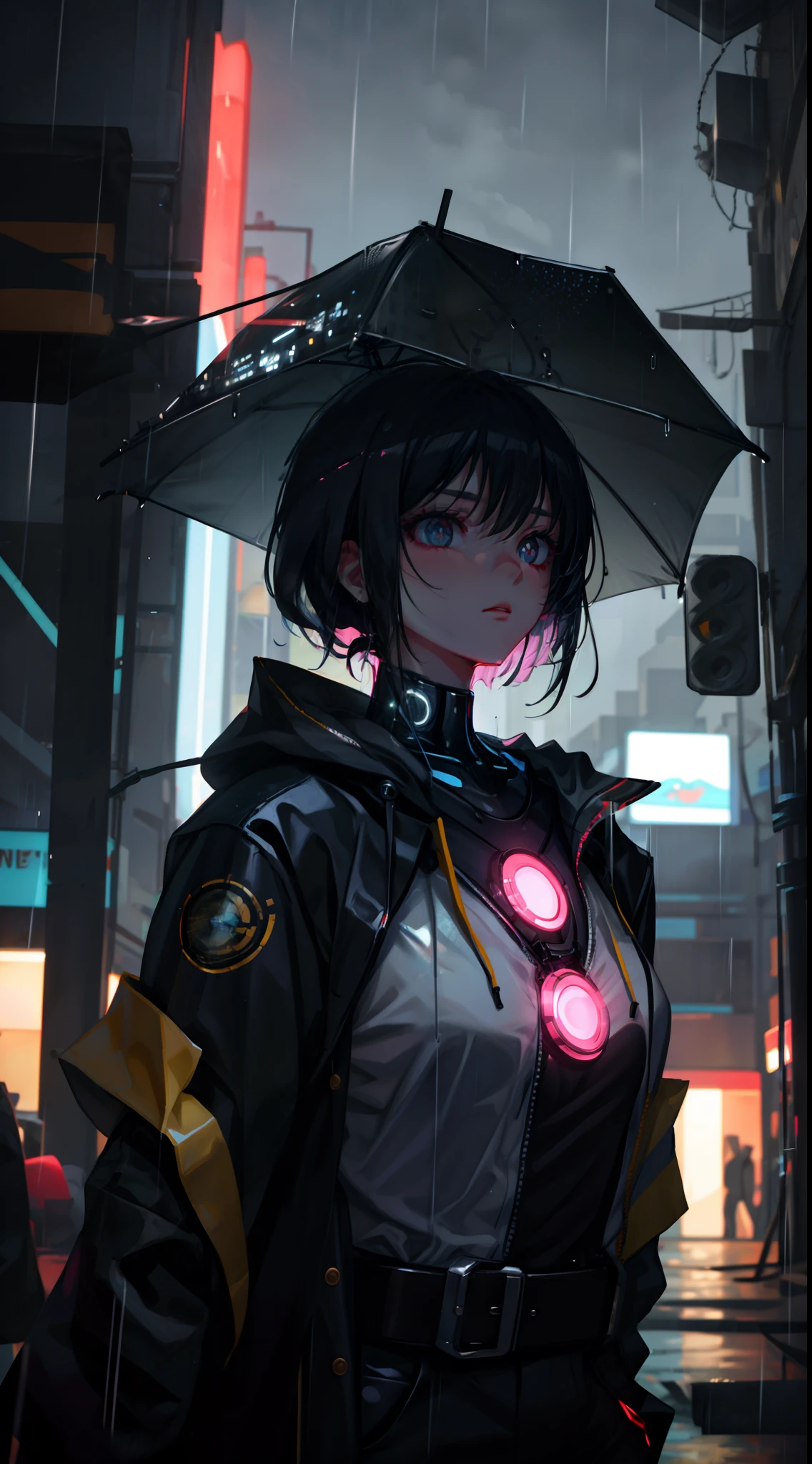 1 chica, Parte superior del cuerpo, enfoque único, cybernetic beauty, Vestimenta inspirada en Blade Runner, androide sintético, (ciudad cyberpunk empapada de lluvia: 1.4), (cazando replicantes: 1.3), características cibernéticas, aura enigmática, [profundidad de campo, iluminación ambiental, primer plano de lluvia cibernética, paisaje urbano futurista], Cazador replicante, androide sintético, futuristic noir, (ojos LED brillantes), (distopía lluviosa: 1.2), detalles intrincados, iluminación mejorada.