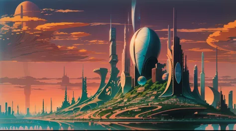 Future City at sunset Roger Dean Style