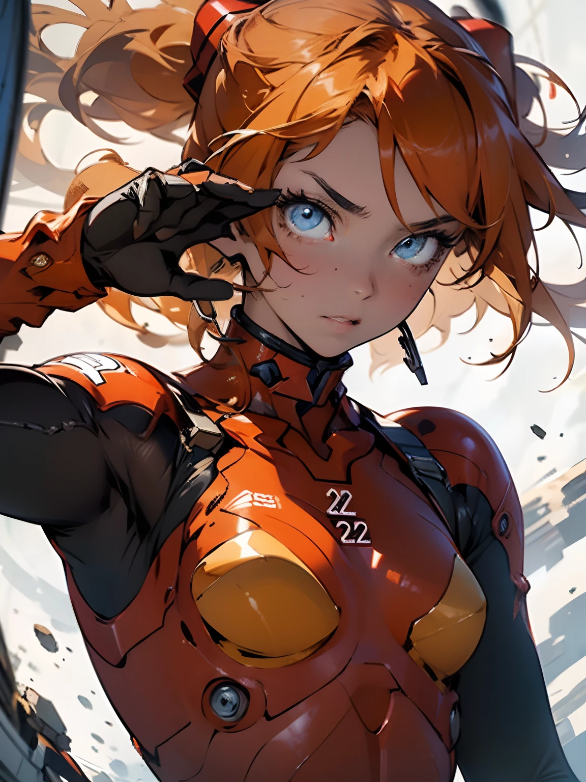 asuka langley soryu，olhos azuis，cabelo entre os olhos，equipamento de cabeça，fone de ouvido de interface，cabelo laranja，roupa de batalha，ação，Revestimento Grosso，capas de álbuns，Imagens para contar histórias