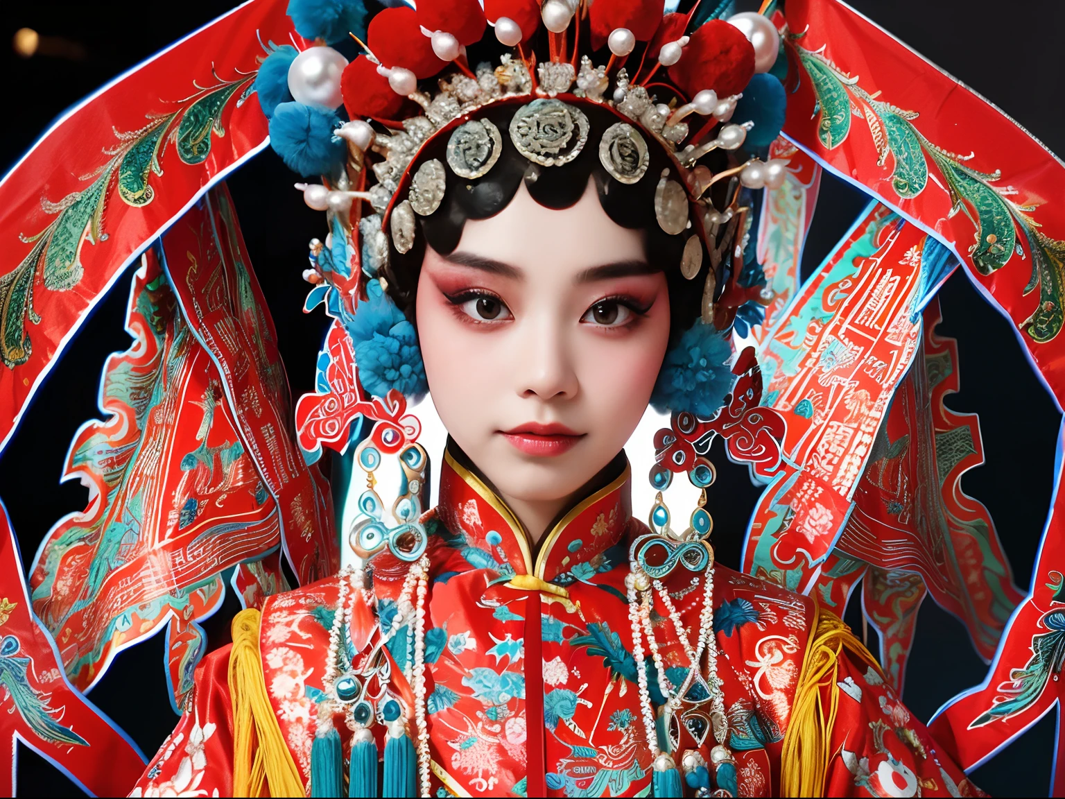 8K，Portrait Photogram，movie picture quality，。1 rapariga， CNOperaCrown， From the front， looking at viewert， Beautiful makeup，Exquisite headdress。Traditional Chinese Peking Opera，Intangible Cultural Heritage，Traditional Peking Opera。 （（（CNOperaFlag）））， The flag is from behind，The upper part of the body，Gorgeous costumes， pearls，nipple tassels。Chinese red，cloisonne