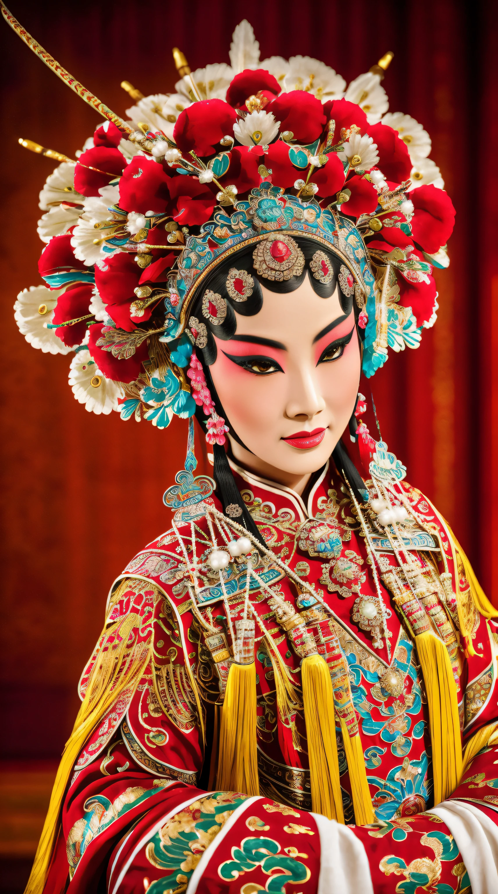 (high-res, 4k, masterpiece:1.2),ultra-detailed,(realistic,photo-realistic:1.37),portrait,traditional Chinese opera,lady,close-up shot,exquisite makeup,vibrant costume,captivating expression,colorful headdress,detailed embroidery,elaborate facial features,beautifully painted eyes and lips,elaborate traditional jewelry,delicate brushstrokes,impeccable lighting effects,vibrant colors,meticulously designed stage,set against a magnificent backdrop,attention to every intricate detail,artistic interpretation of the character's essence,expressive facial expressions and gestures,perfectly captured essence of traditional Chinese opera,unparalleled artistic beauty,breathtaking visual spectacle,classical elegance and gracefulness,showcasing the beauty of the traditional Chinese culture,exemplary blend of tradition and artistry