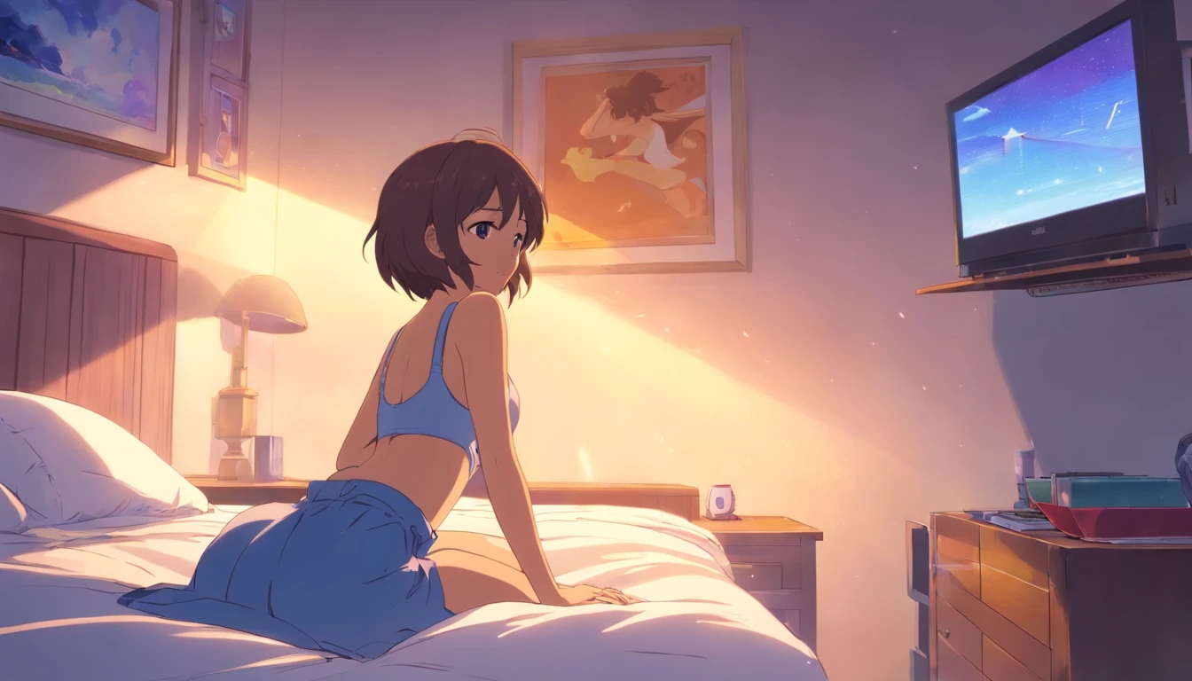 Anime girl sitting on bed watching tv in bedroom with light streaming -  SeaArt AI