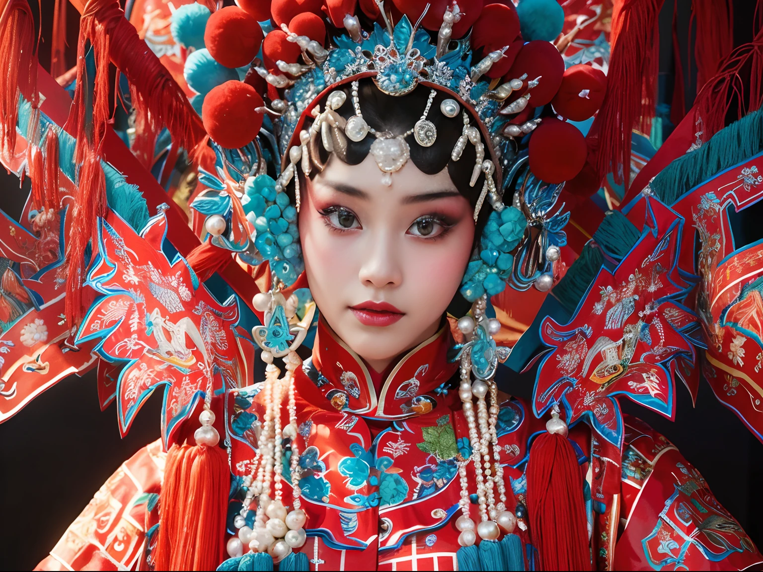 8K，Portrait Photogram，Shocking，movie picture quality，。1 rapariga， CNOperaCrown， From the front， looking at viewert， Beautiful makeup，Exquisite headdress， （（（CNOperaFlag）））， Gorgeous costumes， pearls，nipple tassels。Chinese red，cloisonne