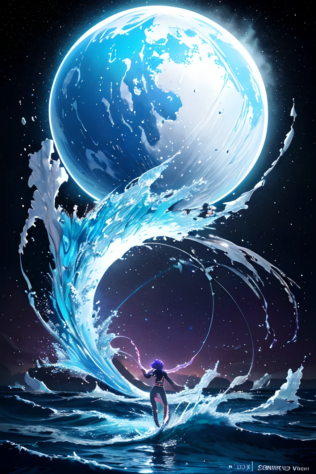 Smooth waves of alien planet (blue sea), beautiful crystal clear water, night, giant fish jumping out of the waves, iridescent plankton blotches in the water, glittering splashes, deep purple sky dotted with stars in the background, unknown constellations in the sky, (multiple bright moons and planets in the sky: 1.5), sparkling horizons, mesmerizing views, masterpieces, top quality, detailed 4K wallpapers, award-winning art, bokeh, depth of field, HDR, Bloom, chromatic aberration, very elaborate, trend in art station, trend in CGSociety, dramatic