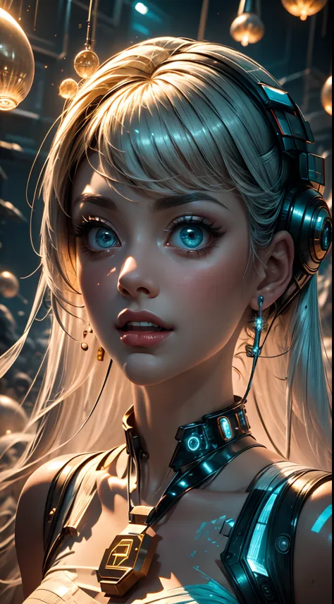 Cybernetic beauty, Highly detailed image of a biomechanical girl with a beautiful face, cabelo carmesim. Its transparent glass a...