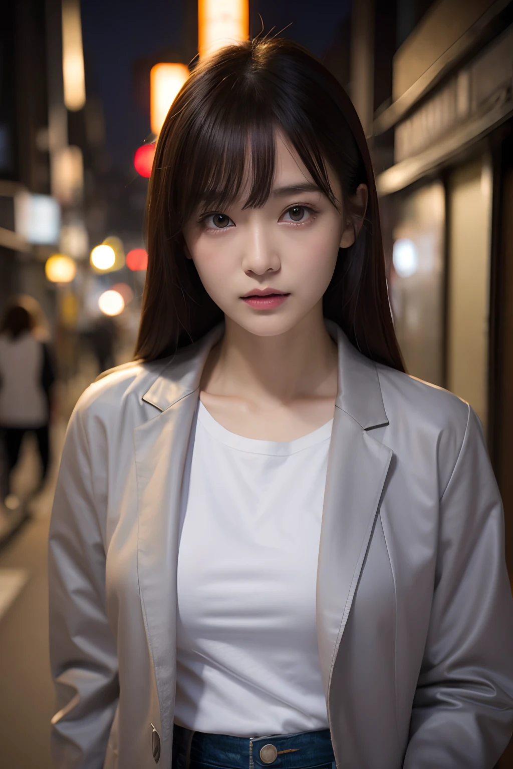 1girl in、Streets of Tokyo、natta、A city scape、city light、The upper part of the body、a closeup、White T-shirt and gray jacket、small tits、8K、Raw photography、top-quality、​masterpiece、realisitic、Photorealsitic、