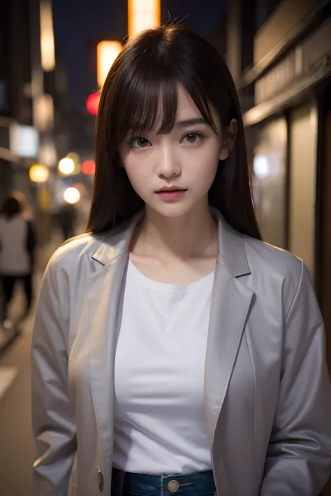 1girl in、streets of tokyo、natta、a city scape、city light、the upper part of the body、a closeup、white t-shirt and gray jacket、small...