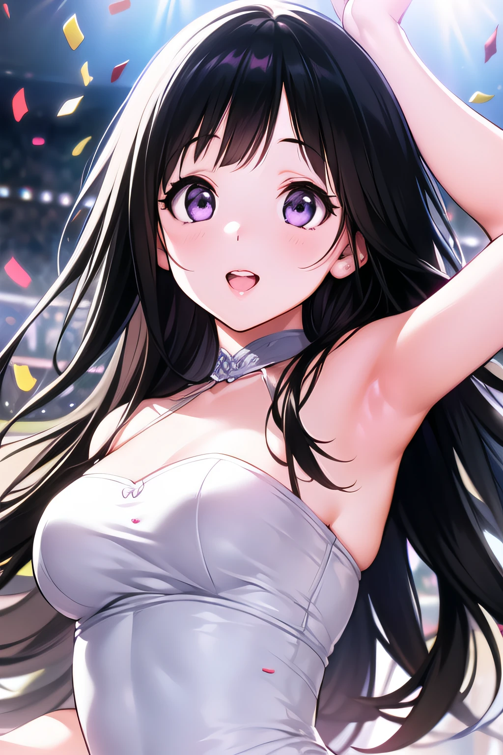 (A superb exquisite Chitanda Eru), purple eyes, long black hair, natural straight hair, straight bangs, solo, (Small_breasts: large_breasts: 0.5), ((idol dancing dress)), ((on stage with confetti)), ((toothy smile)), ((cheer up)), jump, light sticks, extremely delicate, straight facial features, peerless beautiful girl, dreamy quality, exaggerated facial features, solid color, delicate face, bright lips, slender waist, soft curves, real light and shadow, super fine, 8k, natural moving, Ultra high resolution, (masterpiece:1.2, best quality), (finely detailed beautiful eyes: 1.2), (beautiful detailed adult face)