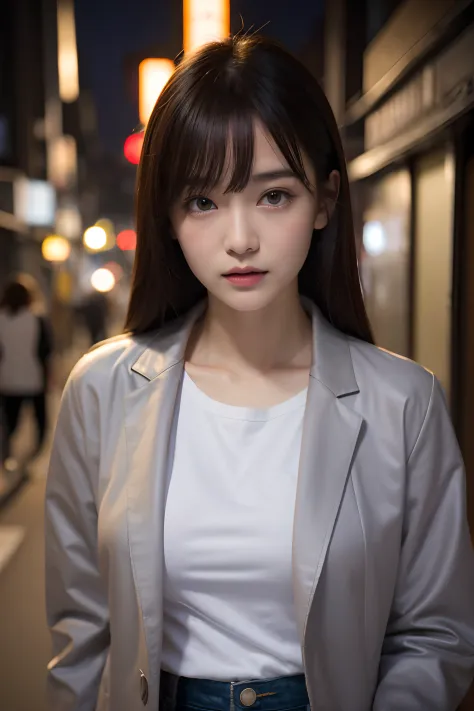 1girl in、streets of tokyo、natta、a city scape、city light、the upper part of the body、a closeup、white t-shirt and gray jacket、small...