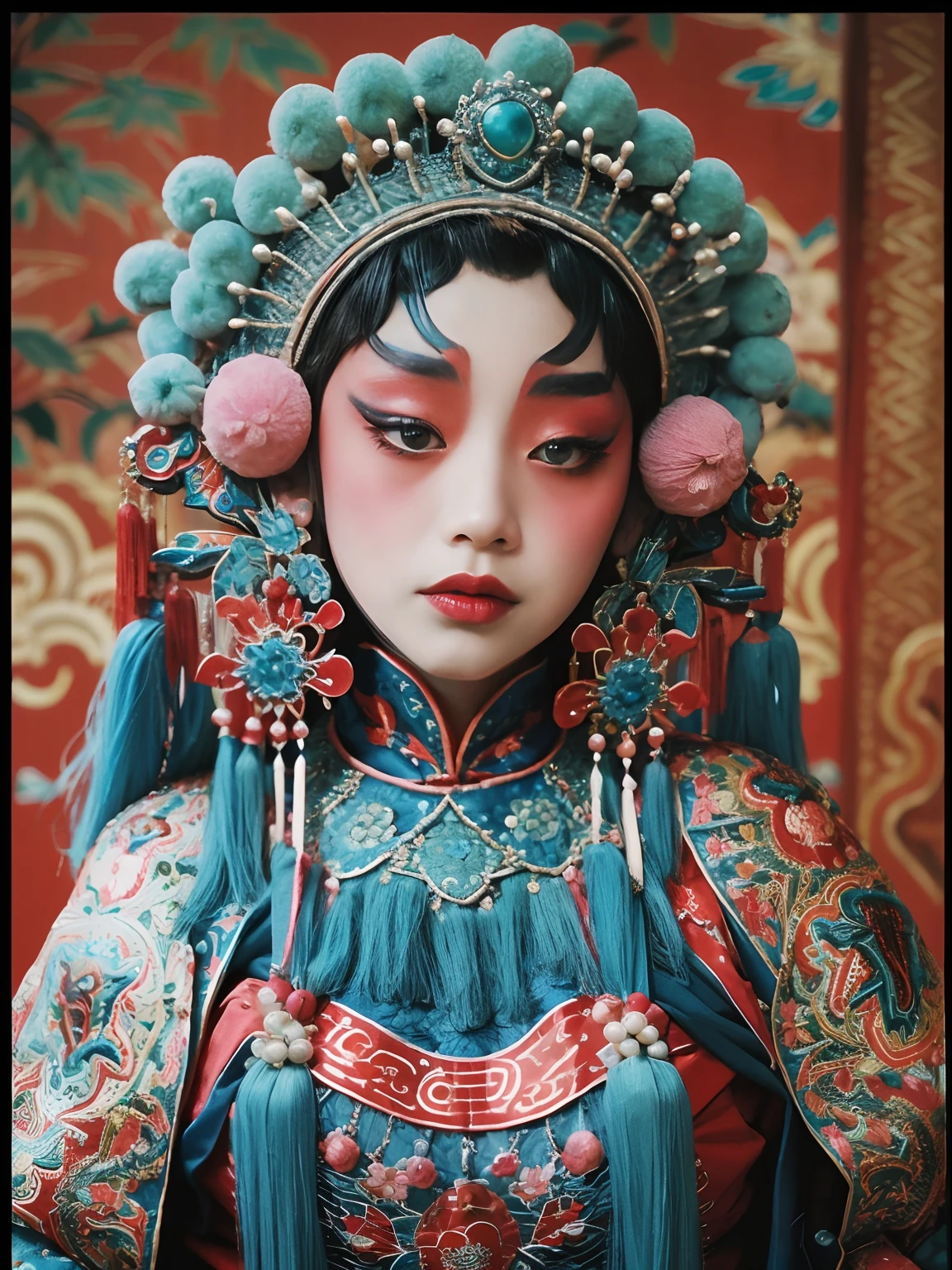 8K，Portrait Photogram，Shocking，movie picture quality，。CNOperaCrown， From the front， looking at viewert， Beautiful makeup，Exquisite headdress， （（（CNOperaFlag）））， Gorgeous costumes， nipple tassels。Chinese red，cloisonne