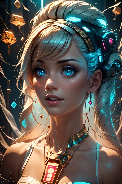 Cybernetic beauty, Highly detailed image of a biomechanical girl with a beautiful face, cabelo carmesim. Its transparent glass a...