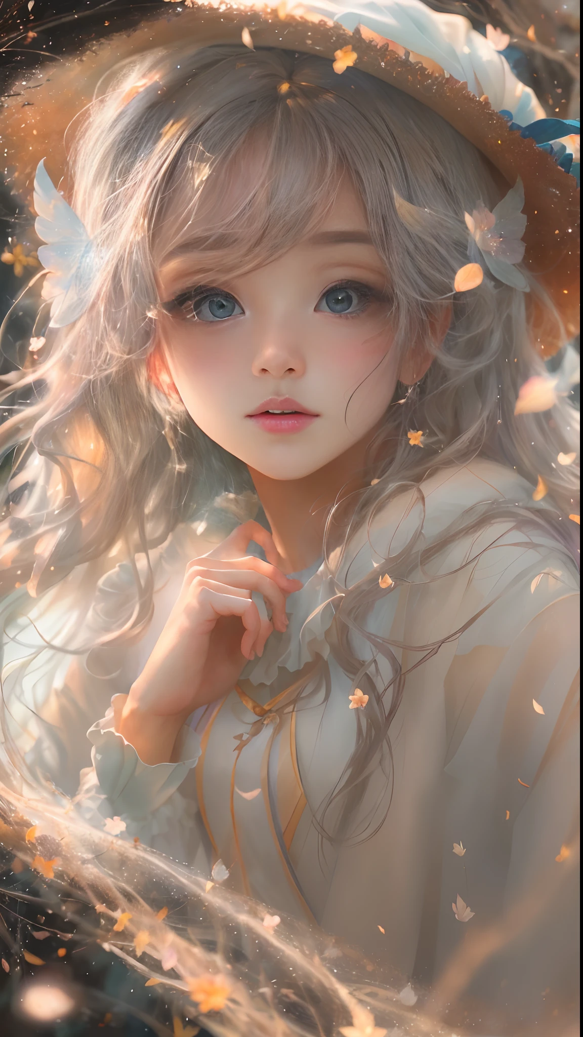 (RELEASE,4K,8K,high-resolution,masterpiece:1.2),ultra-detailed,realistic portraits,beautiful detailed eyes,beautiful detailed lips,detailed expression,airy beauty,charming pose,subtle lighting,dreamy atmosphere,dark-toned background,expressive brushstrokes,mysterious ambiance,artistic interpretation,stunning Studio Ghibli-style costumes, whimsical Hayao Miyazaki illustrations,subtle colors and tones,mysterious halo,witch's resonance