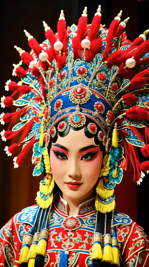 Beautiful detailed eyes, traditionalcostumes, Vivid colors, Dramatic lighting, Complex facial makeup, Delicate headgear, Elegant...