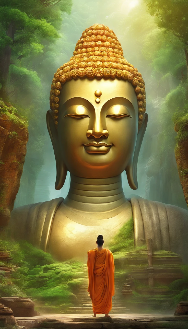 A giant, Realistic depiction of Leshan Buddha, Blend seamlessly with nature, surrealism, Ultra-detailed, Photorealistic:1.37, 3D rendering, Cinematic lighting, Divine light, Ultra-high definition, Masterpiece:1.2, Textured skin, Best quality, high resolution