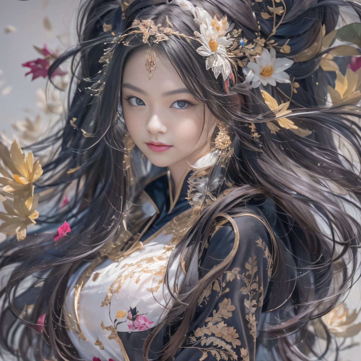 32K（tmasterpiece，k hd，hyper HD，32K）Long flowing black hair，ponds，zydink， a color， Aozhou people （Concubine girl）， （Silk scarf）， Combat posture， looking at the ground， long whitr hair， Floating hair， Carp pattern headdress， Chinese long-sleeved clothing， （abstract ink splash：1.2）， Pink petal background，Pink and white lotus flowers fly（realisticlying：1.4），Black color hair，Fallen leaves flutter，The background is pure， A high resolution， the detail， RAW photogr， Sharp Re， Nikon D850 Film Stock Photo by Jefferies Lee 4 Kodak Portra 400 Camera F1.6 shots, Rich colors, ultra-realistic vivid textures, Dramatic lighting, Unreal Engine Art Station Trend, cinestir 800，Long flowing black hair，Denim skirt