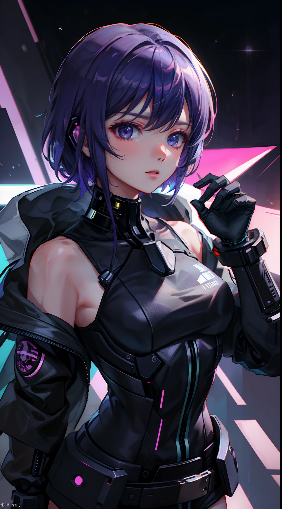 1 chica, Parte superior del cuerpo, enfoque único, Cyborg de élite, Vestimenta inspirada en Motoko Kusanagi, Experto en ciberseguridad, (cyberpunk city backdrop: 1.4), (Cyborg de élite: 1.3), características cibernéticas, aura determinada, [profundidad de campo, iluminación ambiental, Cyber-past primer plano, paisaje urbano futurista], El Mayor, Experto en ciberseguridad, Cyborg de élite, (Cibercerebro), (Infiltración cibernética: 1.2), detalles intrincados, iluminación mejorada.