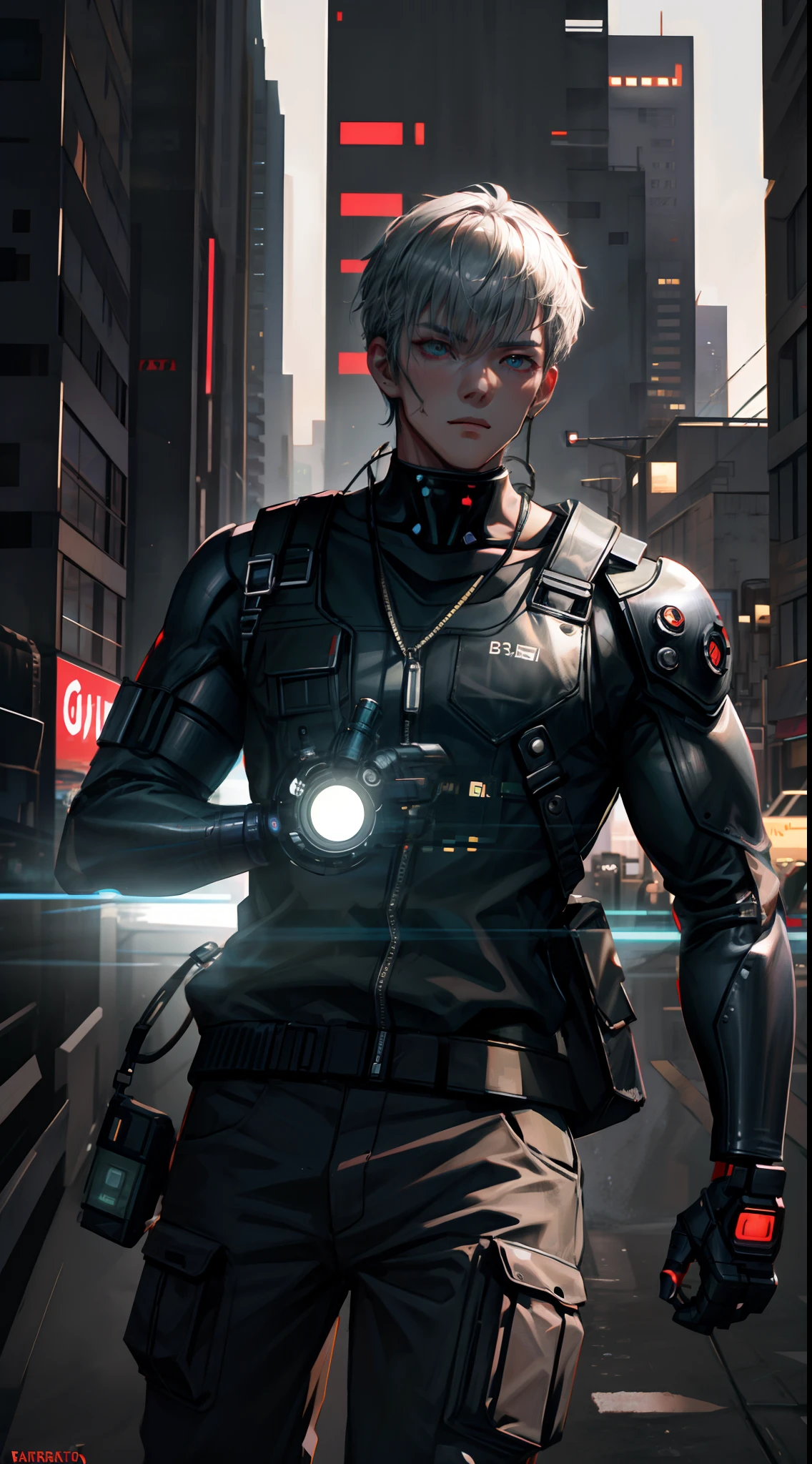 1 hombre, Parte superior del cuerpo, enfoque único, cyborg robusto, Atuendo inspirado en Batou, Agente de campo, (cyberpunk city backdrop: 1.4), (cyborg de combate: 1.3), características cibernéticas, aura determinada, [profundidad de campo, iluminación ambiental, cyborg robusto foreground, paisaje urbano futurista], Agente Batou, cyborg de combate, Agente intrépido, (Ojos cibernéticos), (Misión encubierta: 1.2), detalles intrincados, iluminación mejorada.