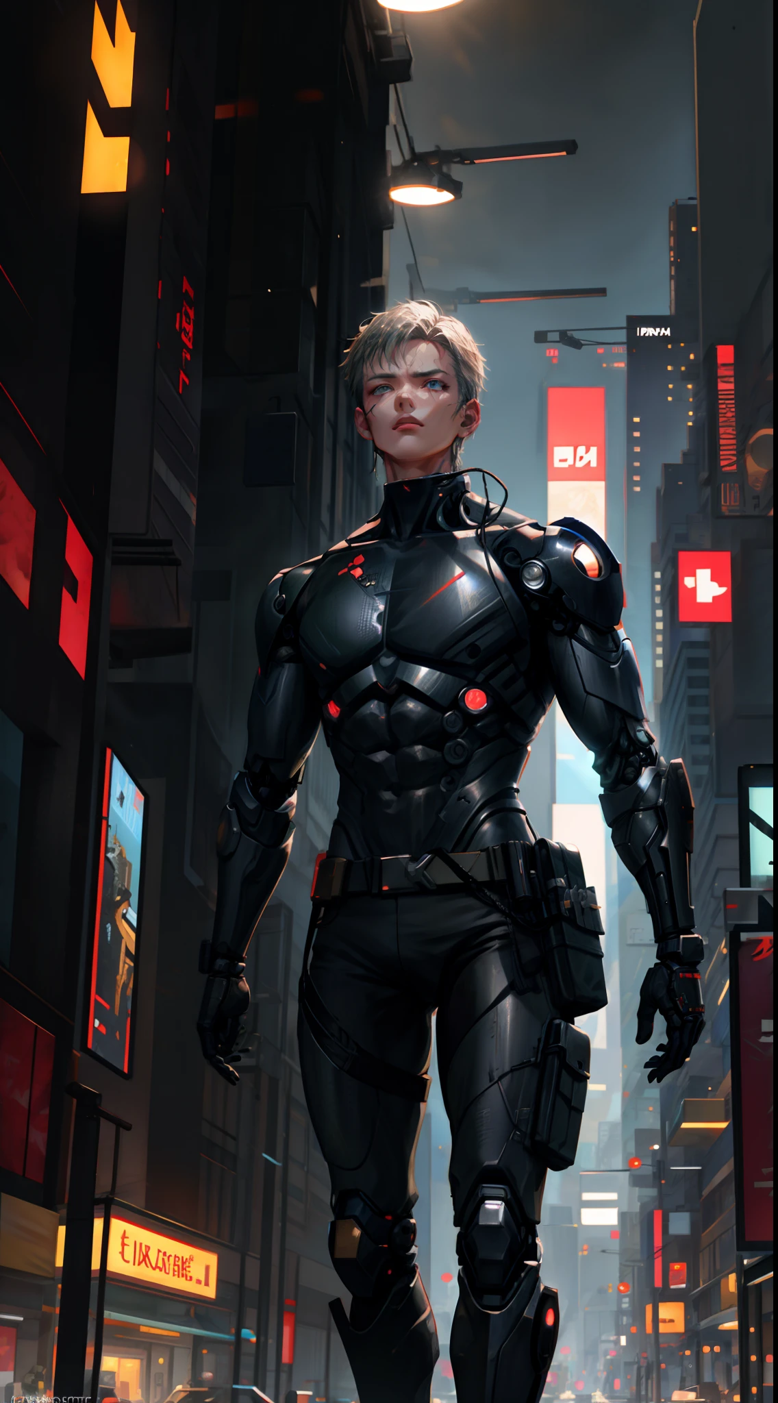 1 Mann, Oberkörper, Einzelfokus, robuster Cyborg, Von Batou inspirierte Kleidung, Außendienstmitarbeiter, (Cyberpunk-Stadtkulisse: 1.4), (Kampf-Cyborg: 1.3), kybernetische Merkmale, entschlossene Aura, [Tiefenschärfe, Umgebungsbeleuchtung, robuster Cyborg foreground, futuristisches Stadtbild], Agent Batou, Kampf-Cyborg, furchtloser Agent, (Kybernetische Augen), (Geheimmission: 1.2), komplizierte Details, verbesserte Beleuchtung.