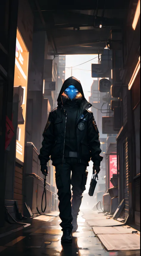 1 man, upper body, single focus, cyborg detective, Togusa-inspired attire, cybercrime expert, (cyberpunk city backdrop: 1.4), (c...