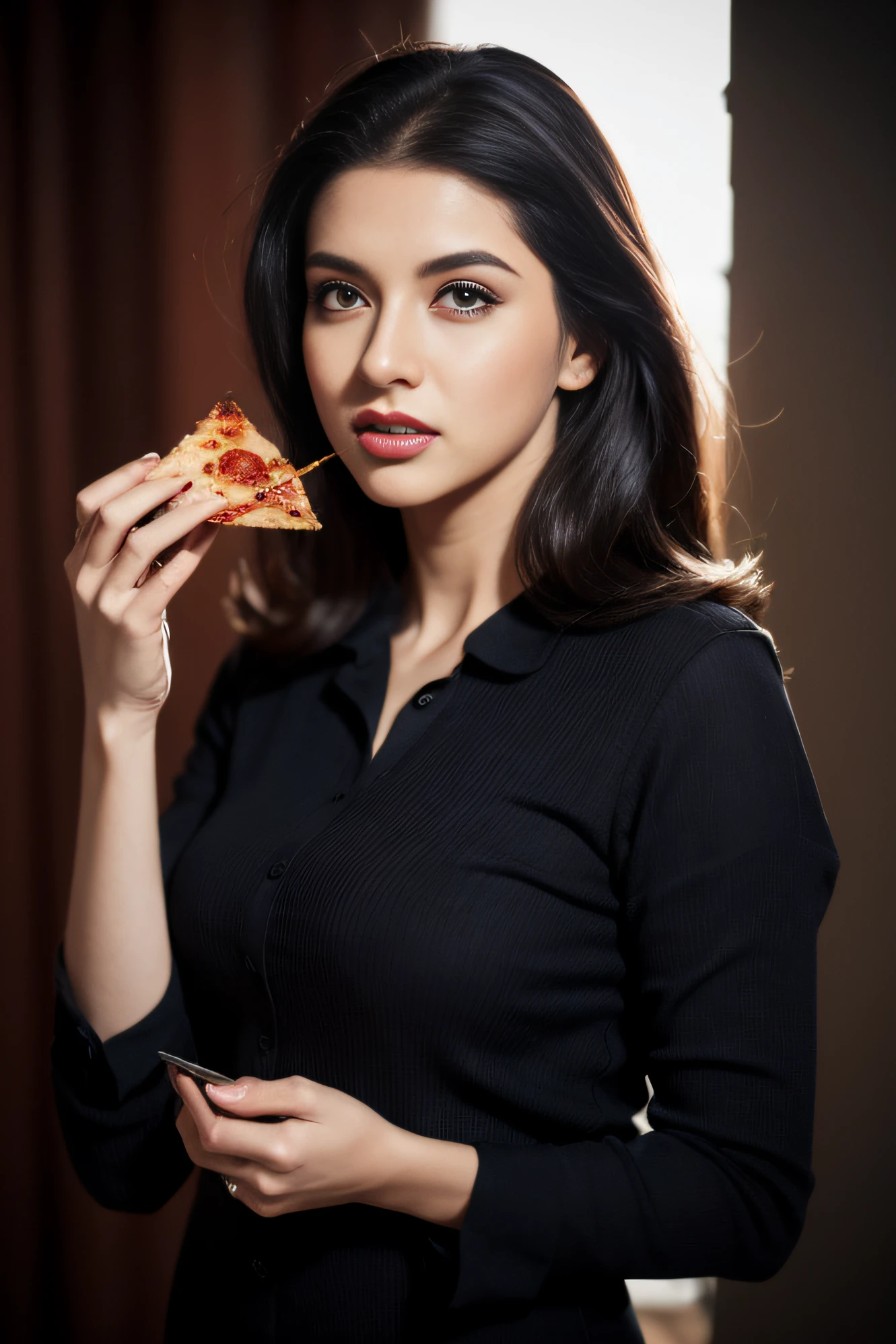 Portrait of A confident-looking woman, with long flowing hair, hazel eyes, wearing plan clothes, facing front, standing position , showing shoe toes, eating pizza, lightning, twilight time, camp fire framing, bokeh, perfect composition, hyperrealistic, super detailed, 8k, high quality, trending art, trending on artstation, sharp focus, photo , intricate details, highly detailed, art by greg rutkowski