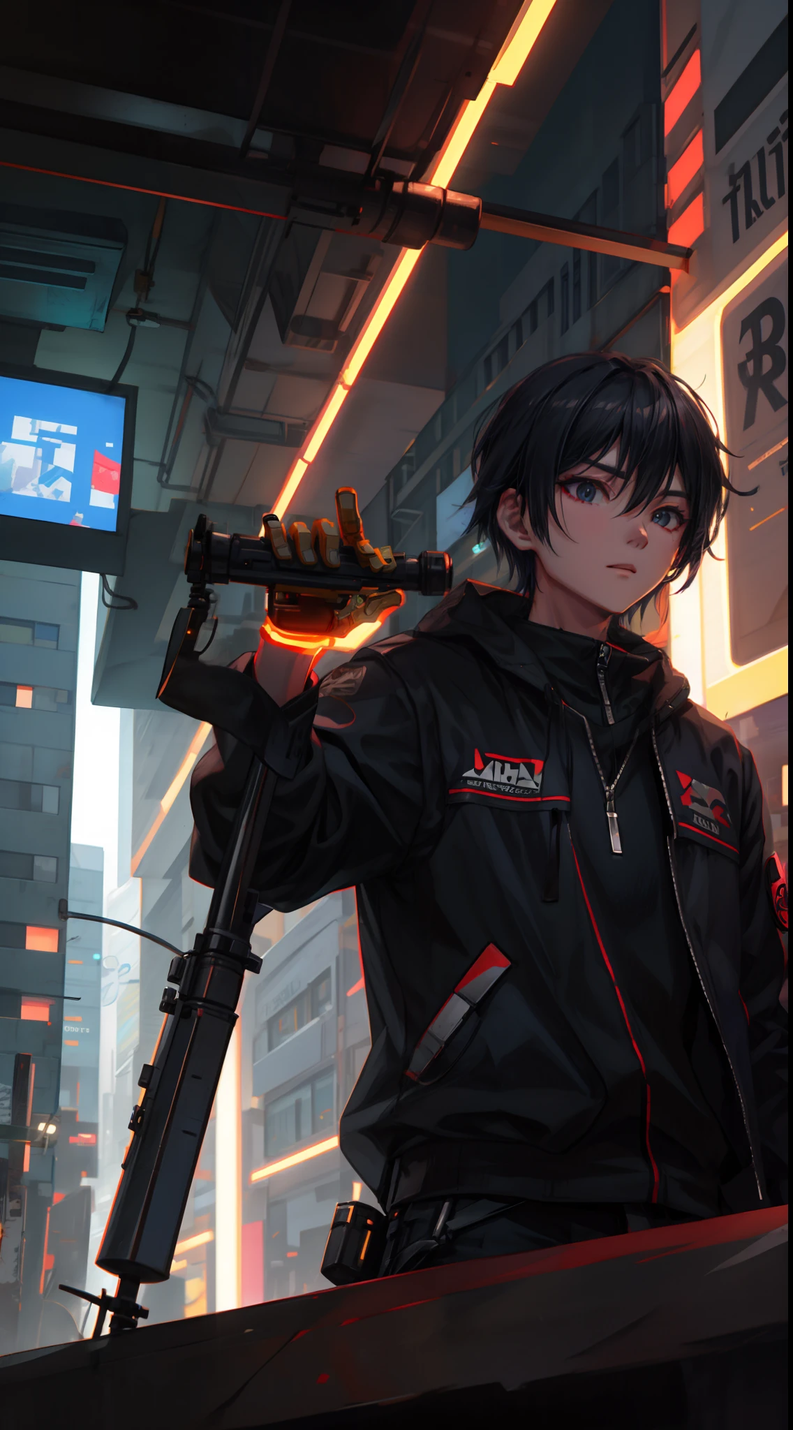 1 man, upper body, single focus, elite sniper, Saito-inspired attire, cyborg sharpshooter, (cyberpunk city backdrop: 1.4), (elite sniper: 1.3), cybernetic features, lethal aura, [depth of field, ambient lighting, cyborg sniper foreground, futuristic cityscape], Saito the Sniper, precision assassin, rifle maestro, (cybernetic eye), (silent elimination: 1.2), intricate details, enhanced lighting.