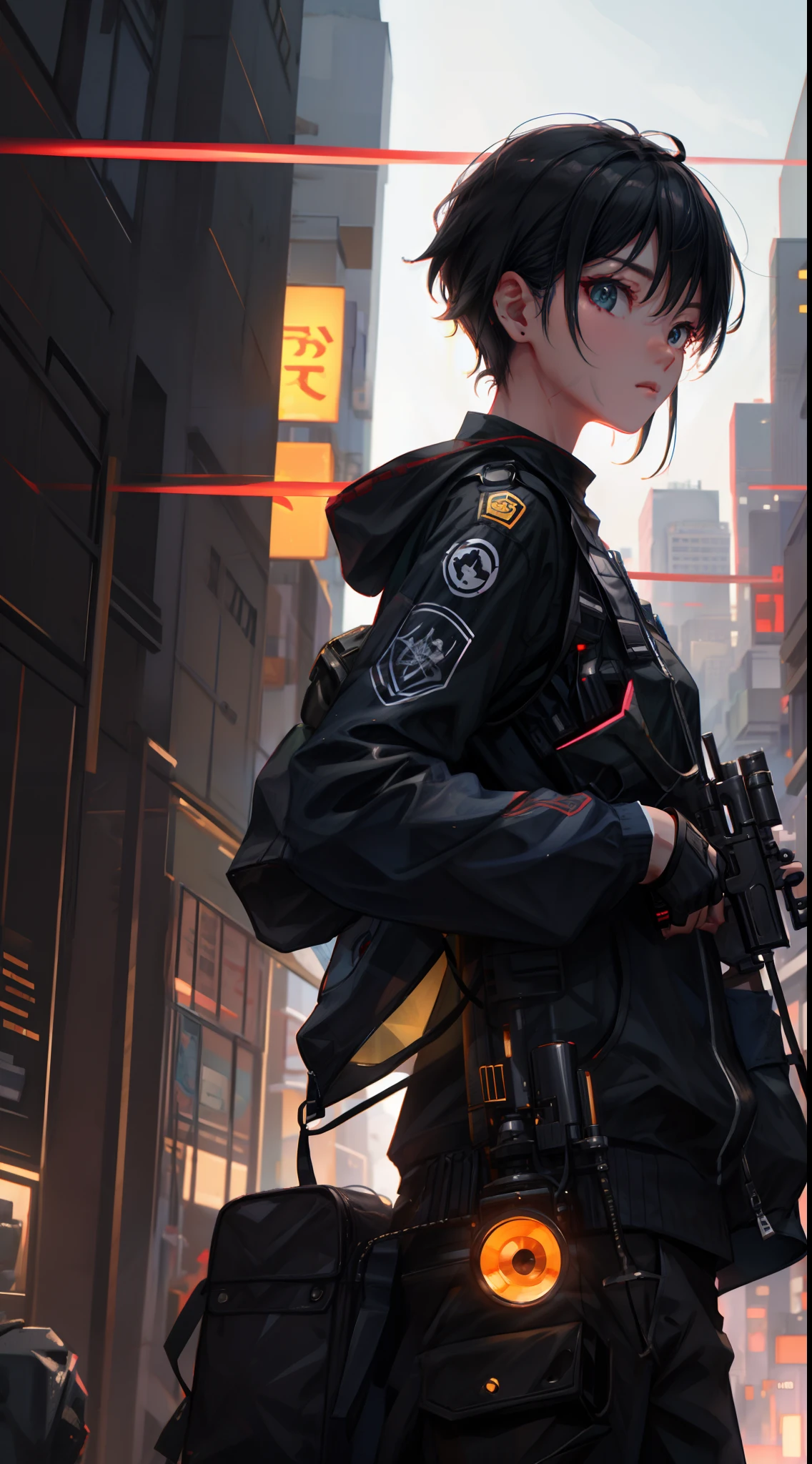 1 man, upper body, single focus, elite sniper, Saito-inspired attire, cyborg sharpshooter, (cyberpunk city backdrop: 1.4), (elite sniper: 1.3), cybernetic features, lethal aura, [depth of field, ambient lighting, cyborg sniper foreground, futuristic cityscape], Saito the Sniper, precision assassin, rifle maestro, (cybernetic eye), (silent elimination: 1.2), intricate details, enhanced lighting.