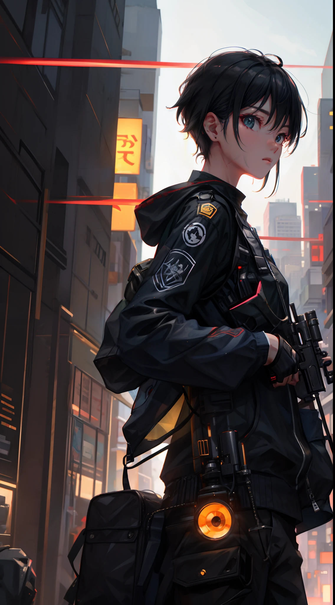 Anime girl with gun and backpack in the city - SeaArt AI