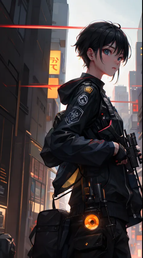 1 man, upper body, single focus, elite sniper, Saito-inspired attire, cyborg sharpshooter, (cyberpunk city backdrop: 1.4), (elit...