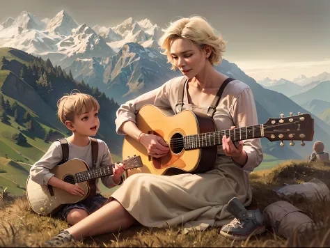 1woman and children, on a green hill overlooking the alps, a woman playing acoustic guitar. short blonde hair, children feel at ...