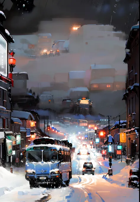 Picture of the bus, driving down a snowy street at night, andrey gordeev, Ni Yuanlu, Author: Maxim Verekhin, bussiere rutkowski ...