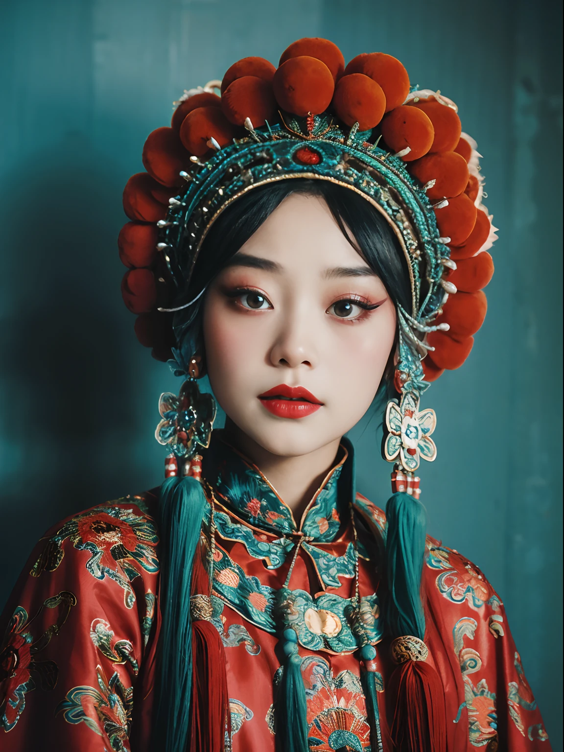 8K，Portrait Photogram，Shocking，movie picture quality，。CNOperaCrown， From the front， looking at viewert， Beautiful makeup，Detailed portrayal of the face。Exquisite headdress， （（（CNOperaFlag）））， Gorgeous costumes， nipple tassels。Chinese red，cloisonne