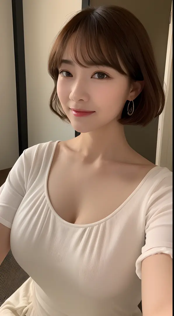 ((top-quality、4K、​masterpiece))、Beautiful Women in Perfect Figure、32years old、lightbrown hair、one length bob, White blouse、Black tight skirt、sitting on、The whole body is shown、big breasts thin waist、small tits、beautiful decollete、Happy face、white backgroun...