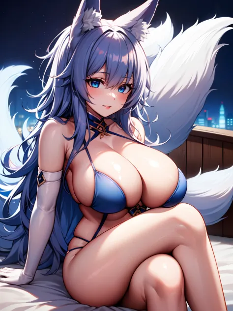 1girl, foxgirl, anime, huge breasts, swimsuit 
