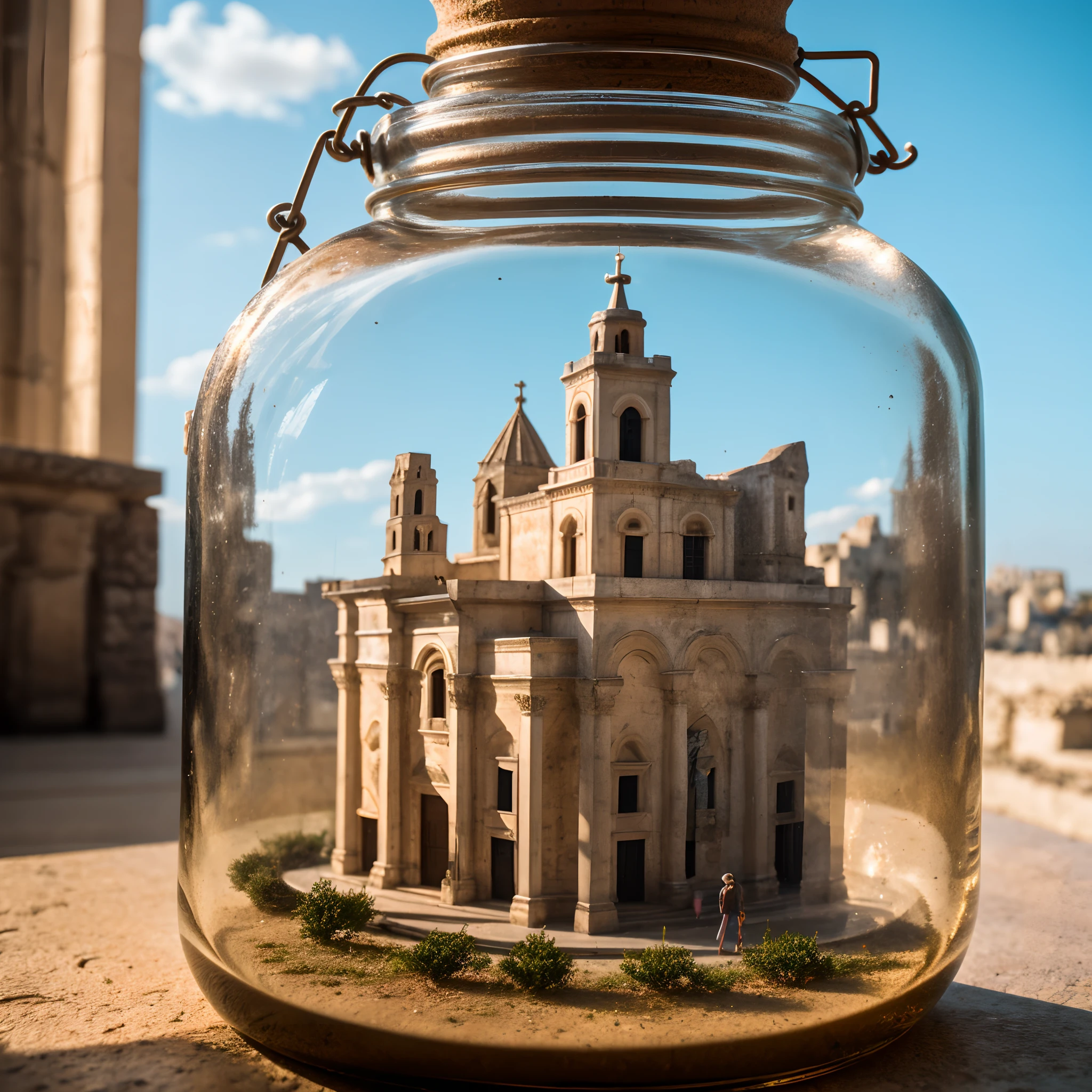 Catedral de Matera com torre sineira dentro de um frasco de vidro quadrado com tampa, colocação no peitoril da janela, extremamente detalhado, 8K, estilo punk apocalíptico, Miniaturas, fotografia macro em close-up