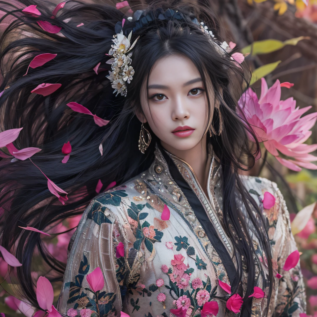 2K（tmasterpiece，k hd，hyper HD，32K）Long flowing black hair，ponds，zydink， a color， Aozhou people （Concubine girl）， （Silk scarf）， Combat posture， looking at the ground， long whitr hair， Floating hair， Carp pattern headdress， Chinese long-sleeved clothing， （abstract ink splash：1.2）， Pink petal background，Pink and white lotus flowers fly（realisticlying：1.4），Black color hair，Fallen leaves flutter，The background is pure， A high resolution， the detail， RAW photogr， Sharp Re， Nikon D850 Film Stock Photo by Jefferies Lee 4 Kodak Portra 400 Camera F1.6 shots, Rich colors, ultra-realistic vivid textures, Dramatic lighting, Unreal Engine Art Station Trend, cinestir 800，Long flowing black hair，Denim skirt