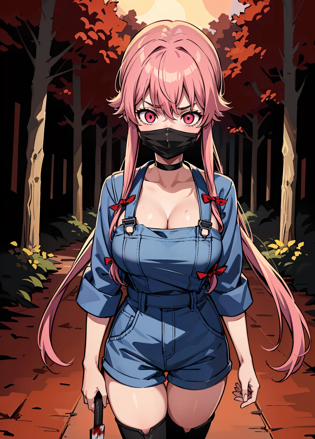 explicit, beautiful, amazing, high quality, detailed background, a woman with large breast in a woods, 1girl, breasts , , , pink hair, large breasts, twintails, long hair, solo focus, mirai nikki, black choker, dark grey overalls, leather gloves, black boots, ((face mask)), red eyes, chasing you through the woods, ((nigth)), crazy, ((crazy eyes)), ((crazy stare)) holding a bloody knife, (fanart of Gasai Yuno), (angry eyes:1.1), (perfect hands:1.4), (masterpiece), best quality, expressive eyes, VHS, ((nigth)), (Parfect Hand:1.3), 4k, 8k, 1980s, from below, (standing over you), wearing a jacket, (Blood:1.1)