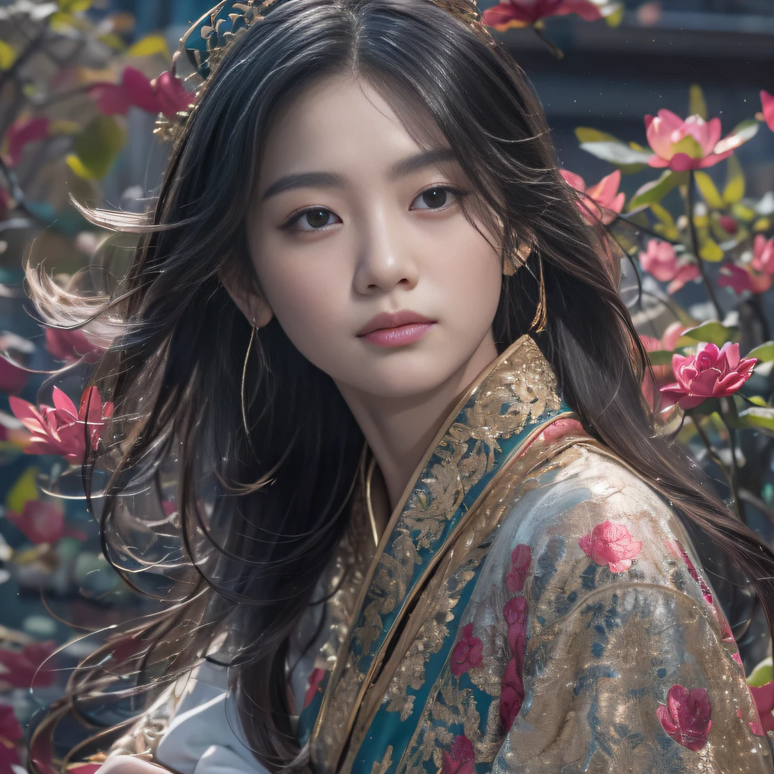 32K（tmasterpiece，k hd，hyper HD，32K）Long flowing black hair，ponds，zydink， a color， Aozhou people （Concubine girl）， （Silk scarf）， Combat posture， looking at the ground， long whitr hair， Floating hair， Carp pattern headdress， Chinese long-sleeved clothing， （abstract ink splash：1.2）， Pink petal background，Pink and white lotus flowers fly（realisticlying：1.4），Black color hair，Fallen leaves flutter，The background is pure， A high resolution， the detail， RAW photogr， Sharp Re， Nikon D850 Film Stock Photo by Jefferies Lee 4 Kodak Portra 400 Camera F1.6 shots, Rich colors, ultra-realistic vivid textures, Dramatic lighting, Unreal Engine Art Station Trend, cinestir 800，Long flowing black hair，Denim skirt