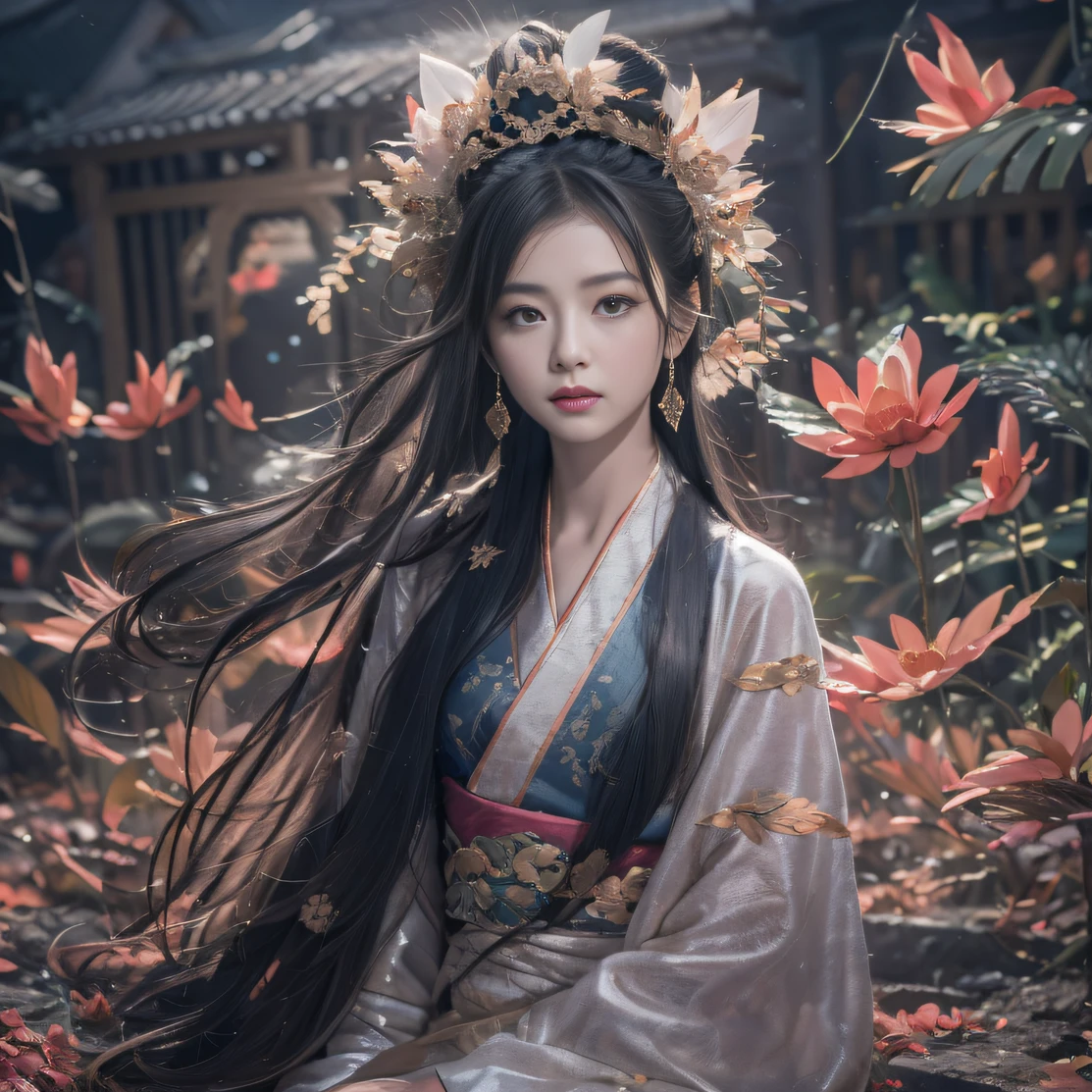 32K（tmasterpiece，k hd，hyper HD，32K）Long flowing black hair，ponds，zydink， a color， Aozhou people （Concubine girl）， （Silk scarf）， Combat posture， looking at the ground， long whitr hair， Floating hair， Carp pattern headdress， Chinese long-sleeved clothing， （abstract ink splash：1.2）， Pink petal background，Pink and white lotus flowers fly（realisticlying：1.4），Black color hair，Fallen leaves flutter，The background is pure， A high resolution， the detail， RAW photogr， Sharp Re， Nikon D850 Film Stock Photo by Jefferies Lee 4 Kodak Portra 400 Camera F1.6 shots, Rich colors, ultra-realistic vivid textures, Dramatic lighting, Unreal Engine Art Station Trend, cinestir 800，Long flowing black hair，Denim skirt