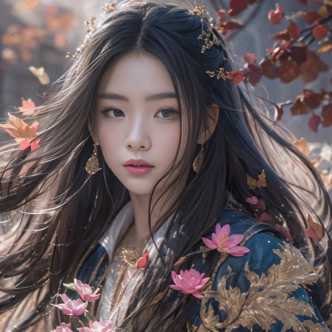32K（tmasterpiece，k hd，hyper HD，32K）Long flowing black hair，ponds，zydink， a color， Aozhou people （Concubine girl）， （Silk scarf）， Combat posture， looking at the ground， long whitr hair， Floating hair， Carp pattern headdress， Chinese long-sleeved clothing， （abstract ink splash：1.2）， Pink petal background，Pink and white lotus flowers fly（realisticlying：1.4），Black color hair，Fallen leaves flutter，The background is pure， A high resolution， the detail， RAW photogr， Sharp Re， Nikon D850 Film Stock Photo by Jefferies Lee 4 Kodak Portra 400 Camera F1.6 shots, Rich colors, ultra-realistic vivid textures, Dramatic lighting, Unreal Engine Art Station Trend, cinestir 800，Long flowing black hair，Denim skirt