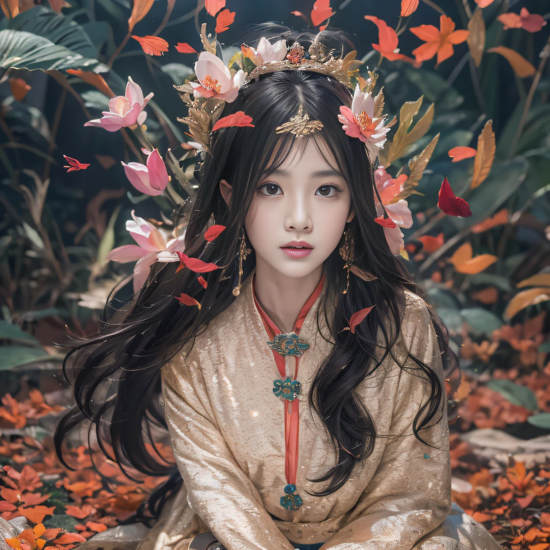 32K（tmasterpiece，k hd，hyper HD，32K）Long flowing black hair，ponds，zydink， a color， Aozhou people （Concubine girl）， （Silk scarf）， Combat posture， looking at the ground， long whitr hair， Floating hair， Carp pattern headdress， Chinese long-sleeved clothing， （abstract ink splash：1.2）， Pink petal background，Pink and white lotus flowers fly（realisticlying：1.4），Black color hair，Fallen leaves flutter，The background is pure， A high resolution， the detail， RAW photogr， Sharp Re， Nikon D850 Film Stock Photo by Jefferies Lee 4 Kodak Portra 400 Camera F1.6 shots, Rich colors, ultra-realistic vivid textures, Dramatic lighting, Unreal Engine Art Station Trend, cinestir 800，Long flowing black hair，Denim skirt