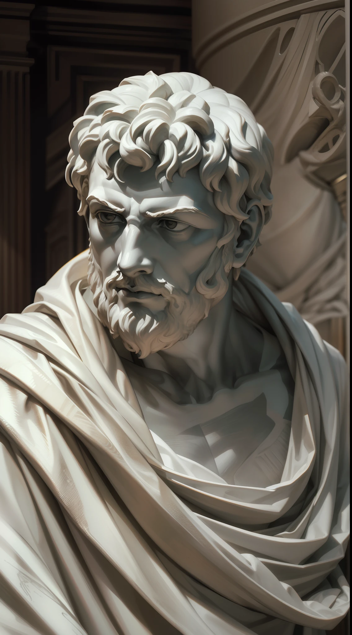 A realistic Greek white marble statue of Marcus Seneca carefully detailed wearing a ghostly toga, fundo neutro, Moody, , fotorrealista, Jantar de cinema atencioso, super detalhada, Hiper realista, luzes brilhantes, 8 mil